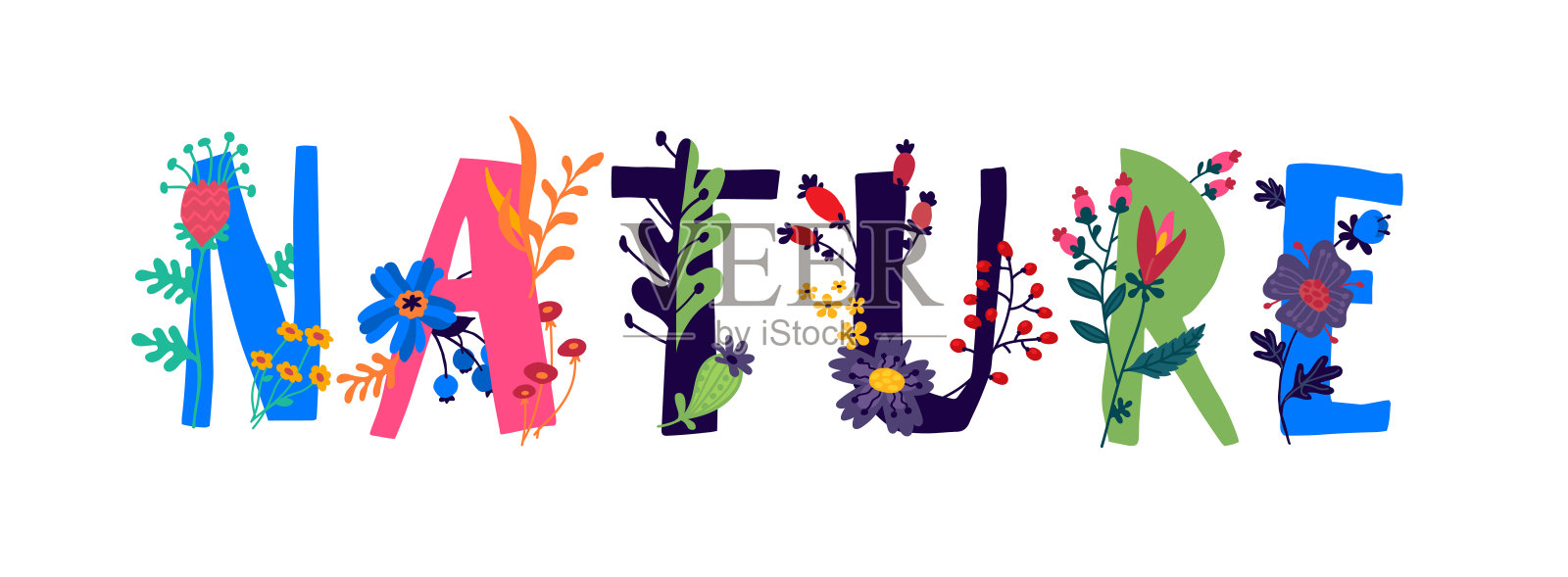 题词“自然”用英文写。信件。植物和花的生命。野生动物的力量。字母周围有花和花蕾。平的风格。天然产品的标志。插画图片素材