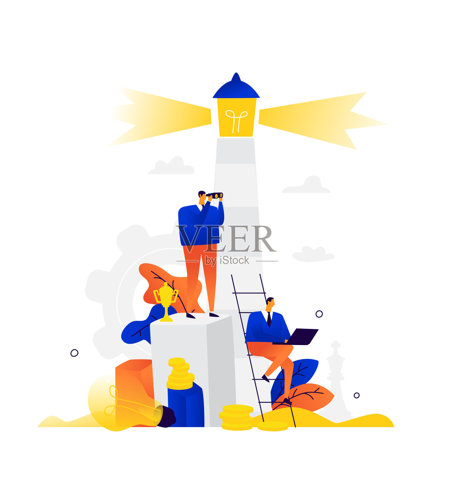 商人在灯塔的插图。比喻。人们坐着工作。公司员工住在灯塔附近。平商业插图。吸引注意力。推进策略。插画图片素材