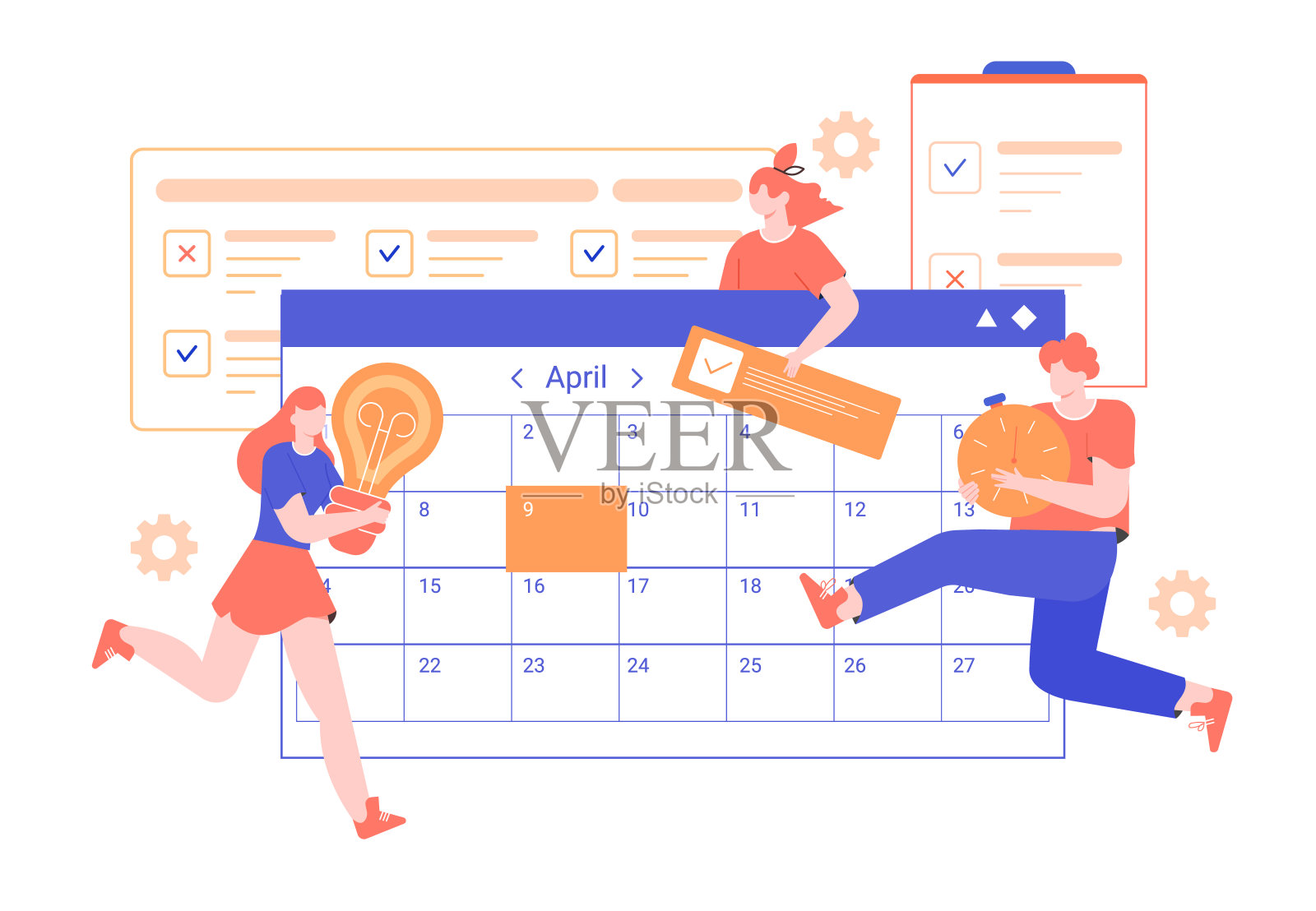 团队合作的计划和组织。角色有一个灯泡，一个计时器，一个完成的任务旁边的一个大日历和要做的清单。头脑风暴和最后期限。矢量平面插图。插画图片素材