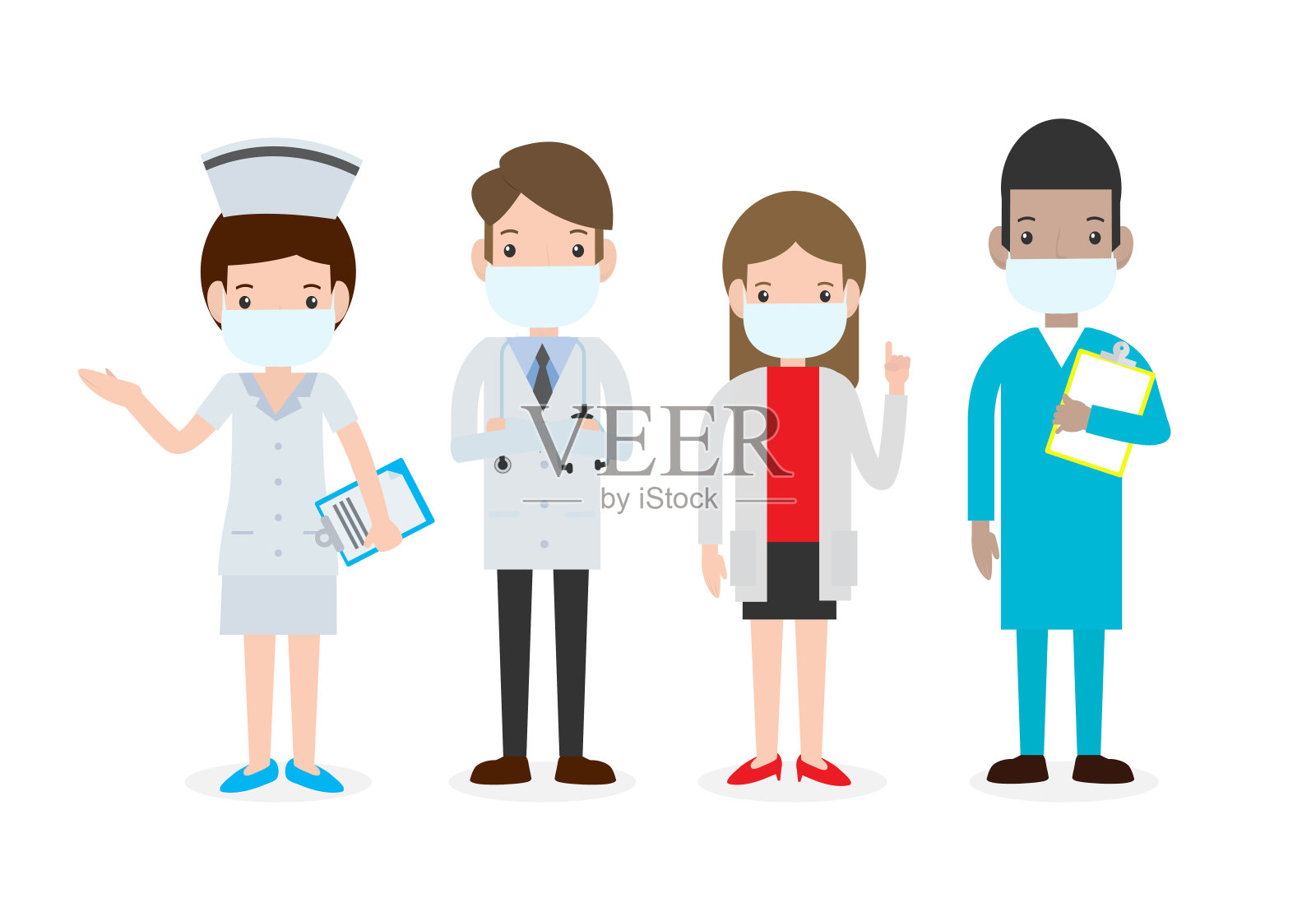 冠状病毒(2019-nCoV)或covid-19，医生团队戴口罩。医务人员医生和护士，一组医务人员。健康生活方式概念孤立在白色背景插画图片素材