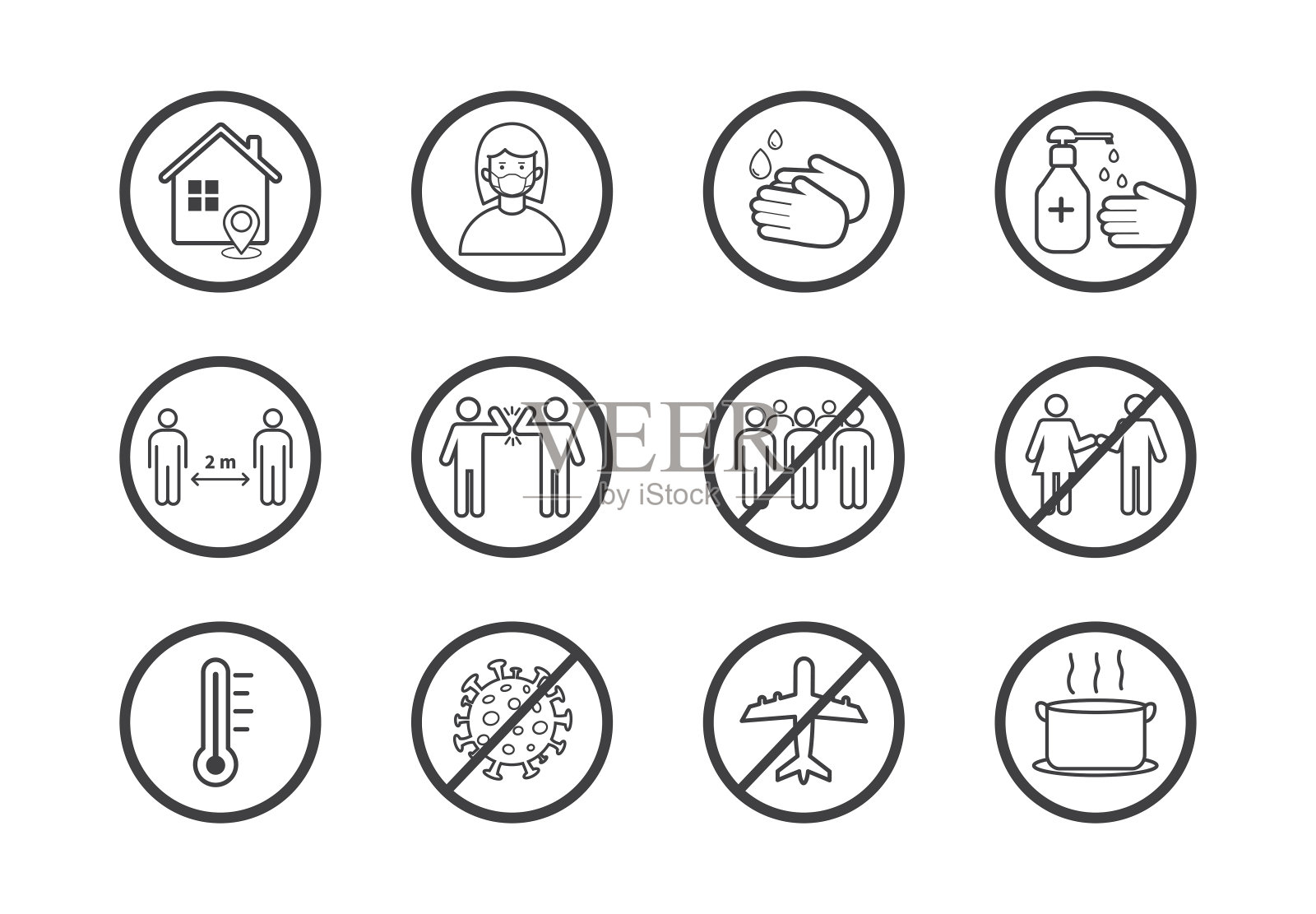 冠状病毒COVID-19预防。平面线图标设置孤立的白色背景..矢量图图标素材