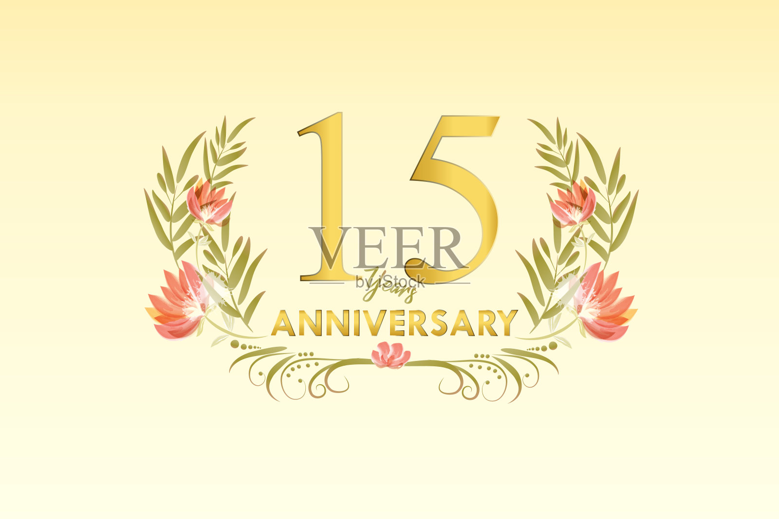 15周年生日快乐金色水彩花卡插画图片素材