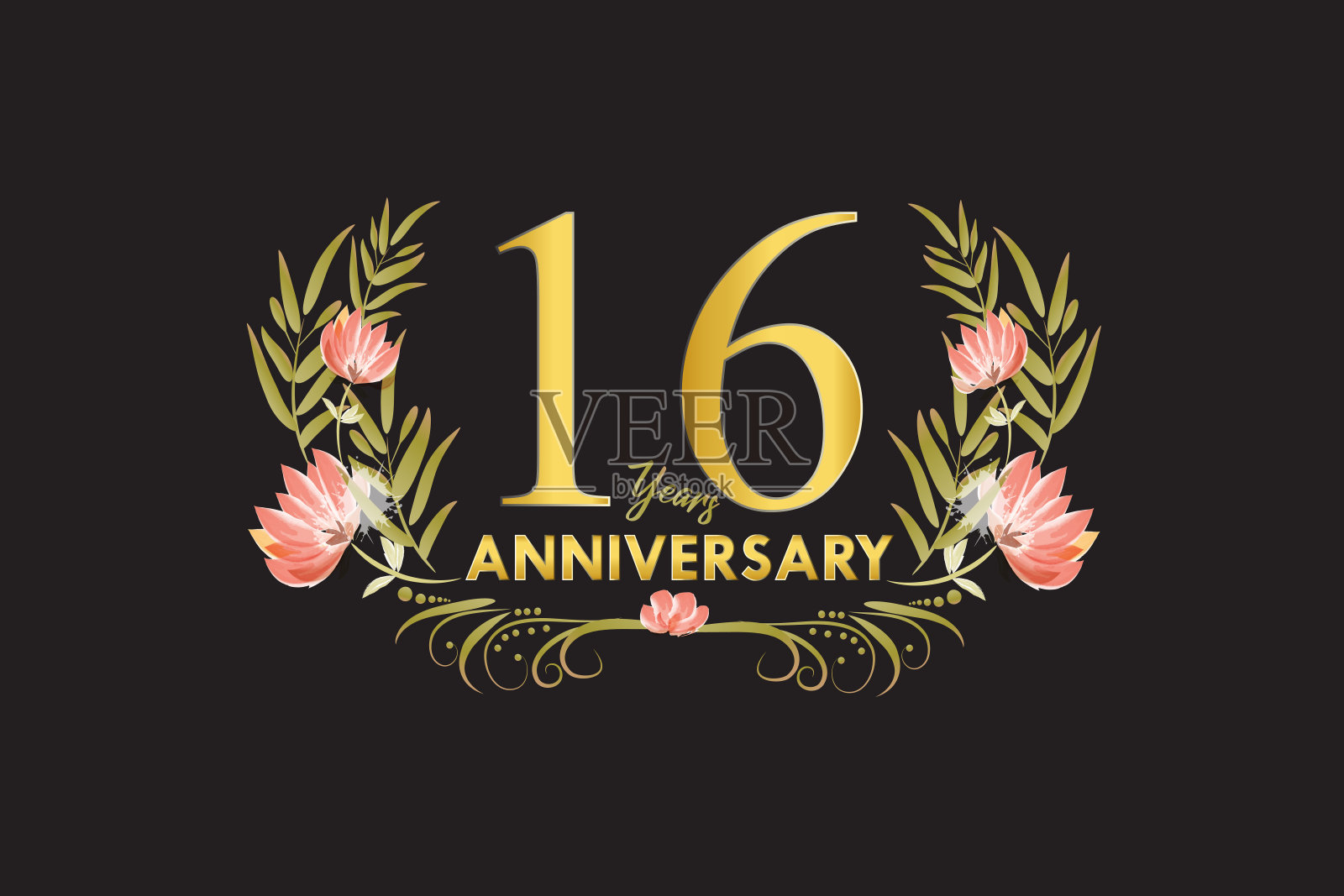 16周年生日快乐金色水彩花卡插画图片素材