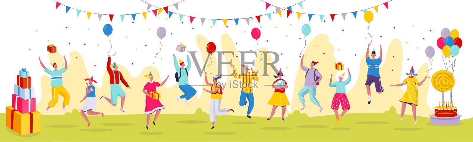 人们在生日派对庆祝跳跃，矢量插图插画图片素材