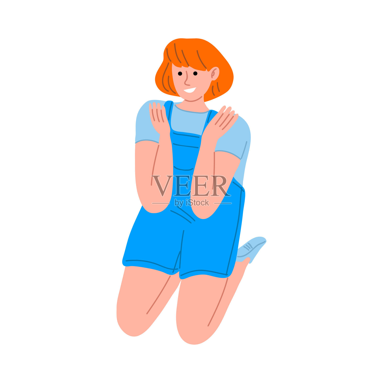 小女孩坐在地板上，感觉快乐的矢量插图插画图片素材