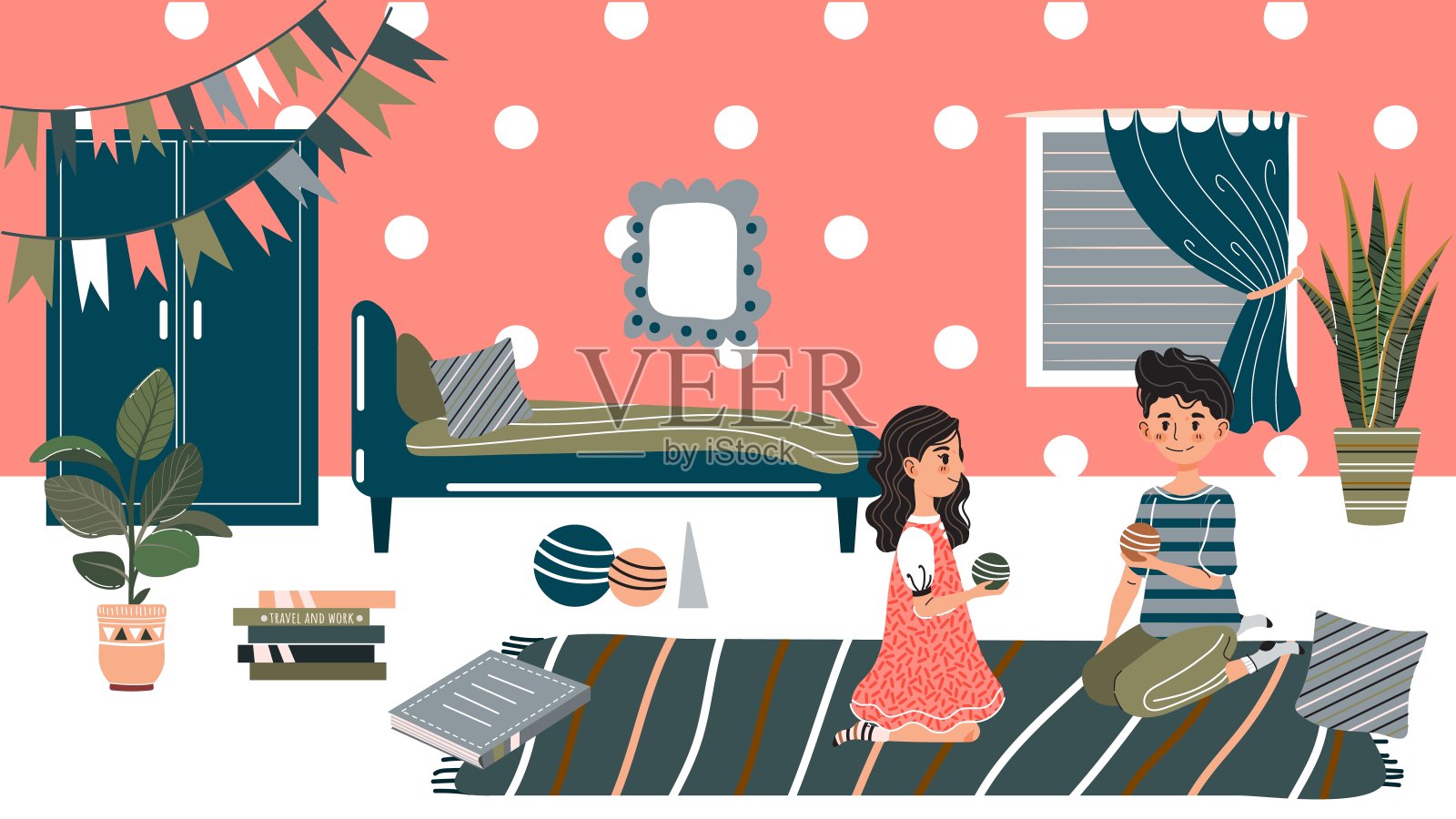 孩子在家里玩，孩子坐在地板上，矢量插图插画图片素材