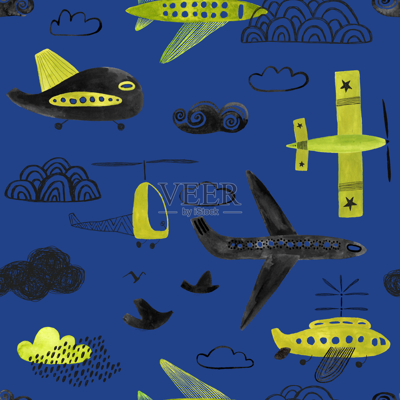 无缝模式与飞行飞机和直升机插画图片素材
