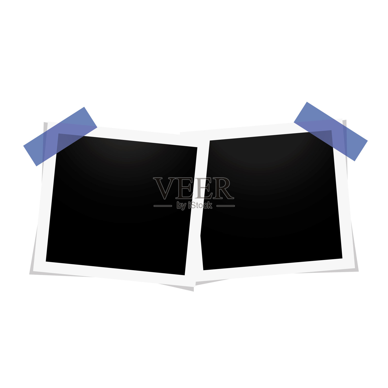 现实的空白方形黑白照片快照上的白色背景。带阴影和胶带的相框。插画图片素材