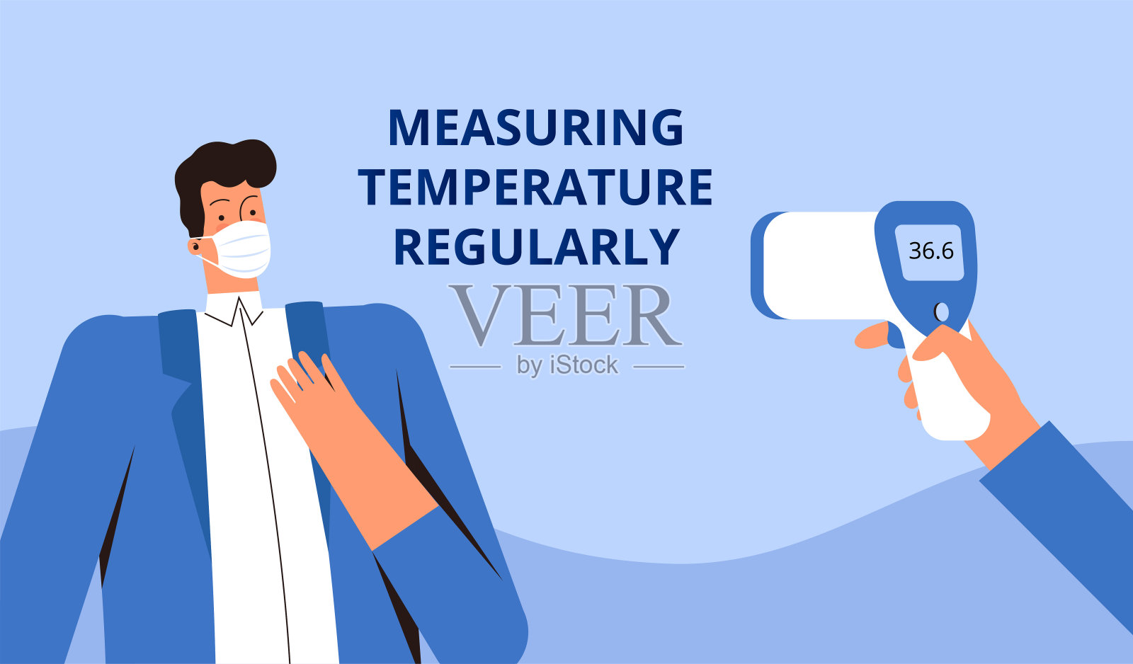 年轻男子戴着医用防护口罩，用远程温度计测量温度。要求你定期检查体温的海报。冠状病毒控制概念插画图片素材