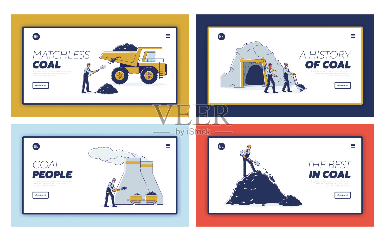 煤炭开采的概念。网站登录页面。工作人员利用设备开采煤，以便进一步运送到火电厂。网页卡通线性轮廓平面风格矢量插图集设计模板素材