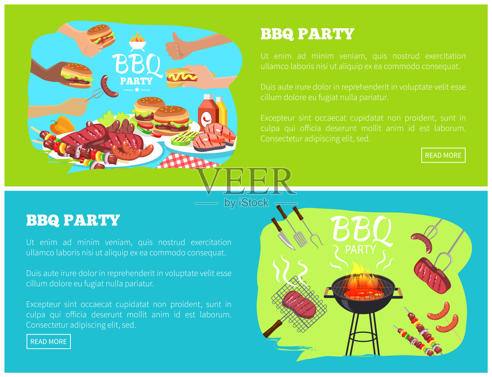 带有文本矢量图的烧烤派对网站设计模板素材