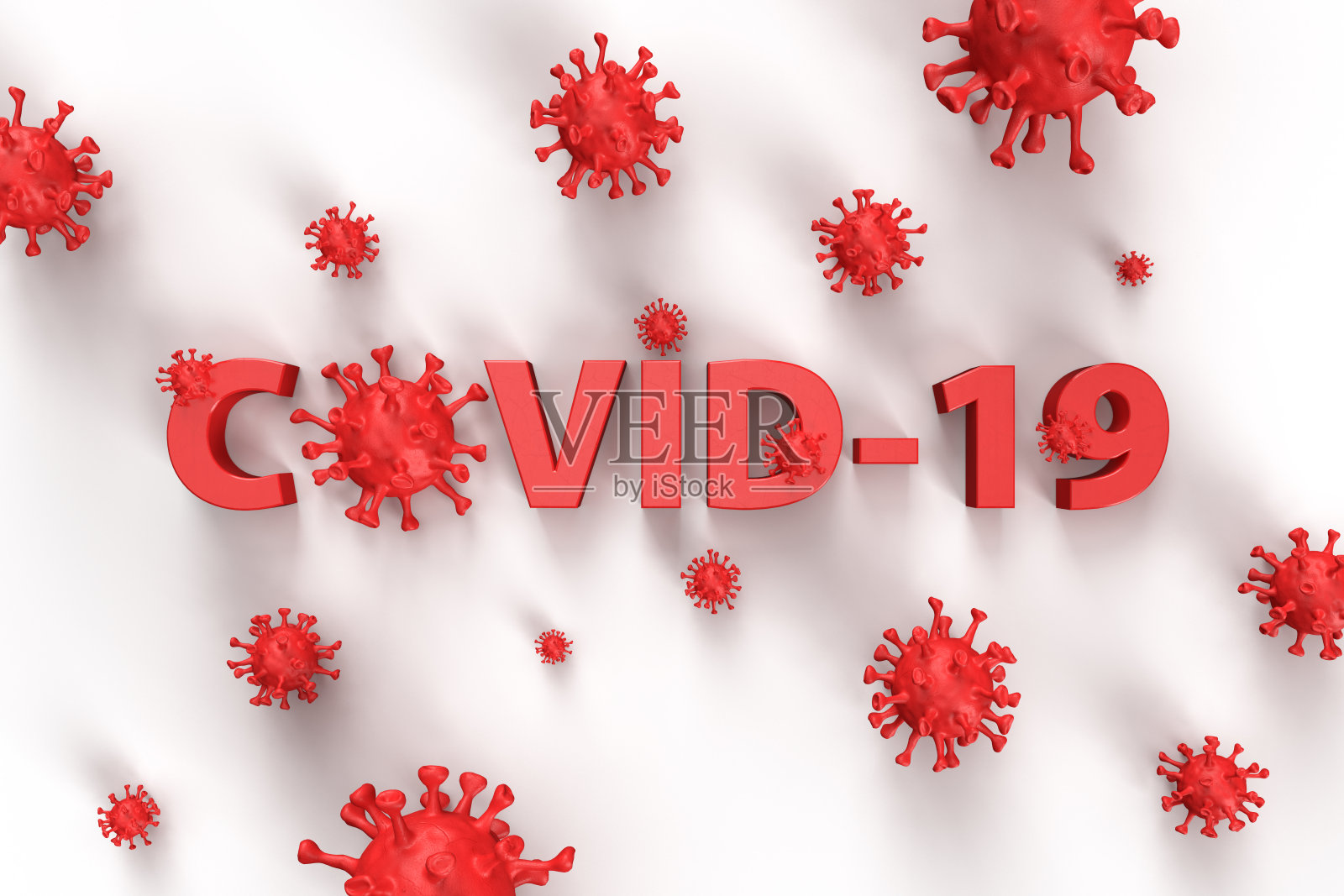 带有病毒细胞的COVID-19红色单词(剪切路径)照片摄影图片