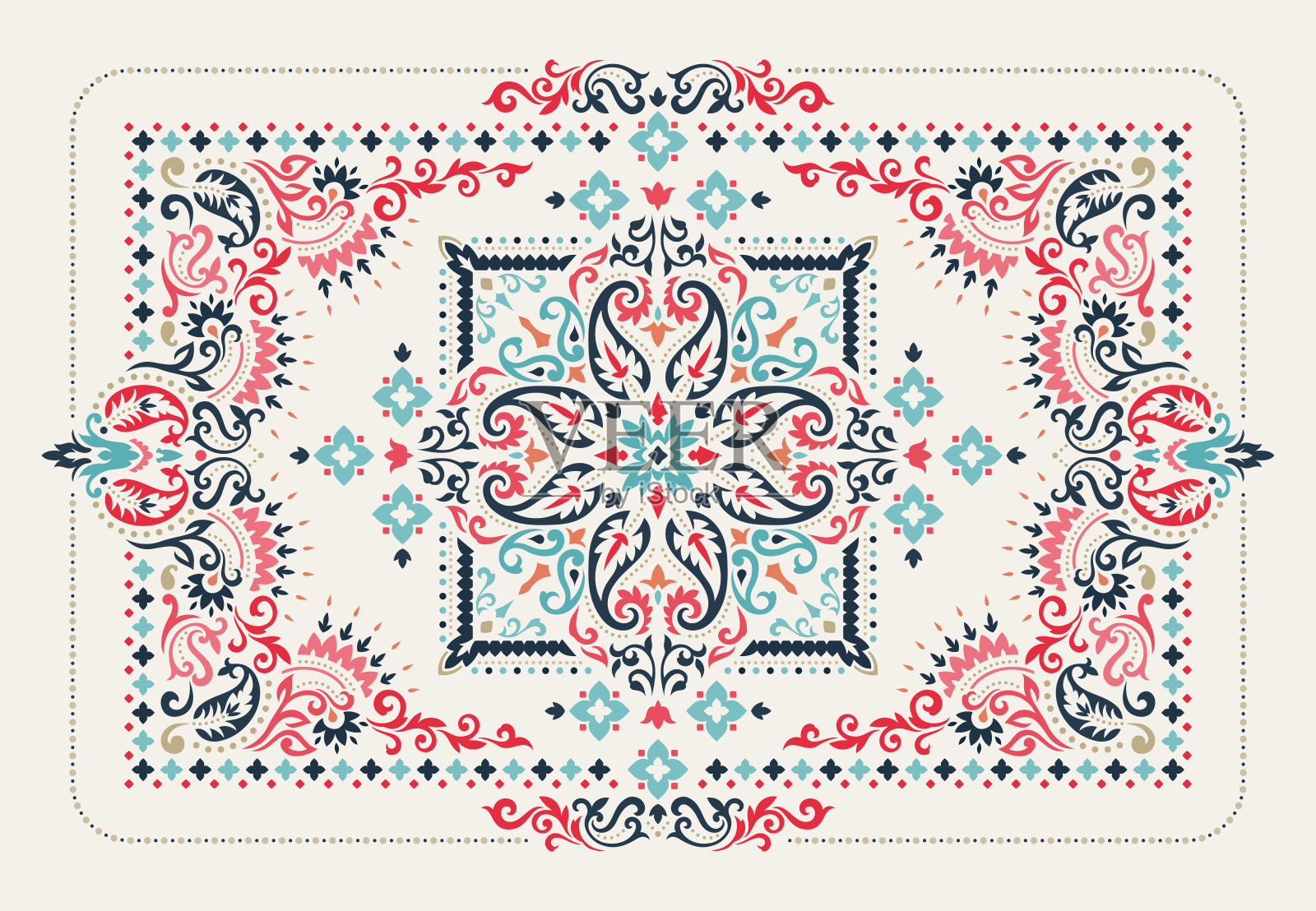 矩形头巾印花矢量设计地毯，地毯，披肩，毛巾，纺织品，瑜伽垫。颈围巾或头巾图案设计。传统的民族装饰图案与佩斯利和花卉。插画图片素材