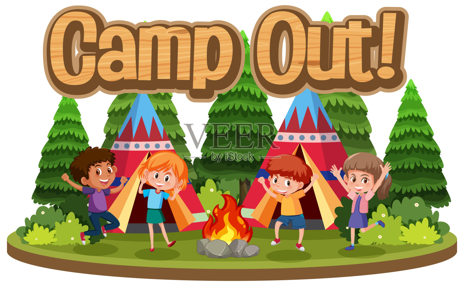 字体设计与快乐的孩子露营在森林设计元素图片