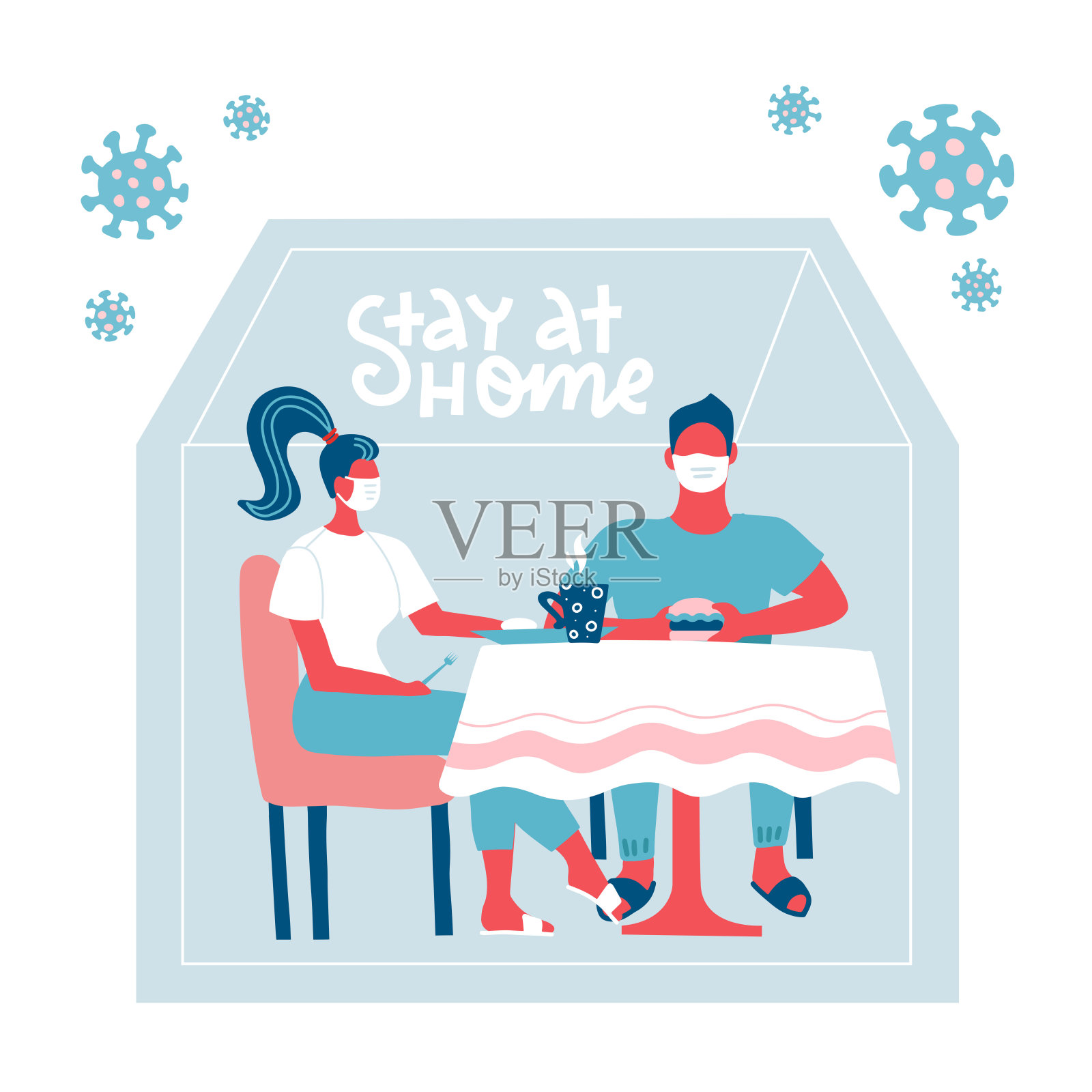 家人坐在家里的桌子前躲避病毒。在新冠肺炎疫情期间呆在家里。COVID-19疫情爆发、隔离概念。房子的轮廓外有病毒。平面向量插图设计元素图片