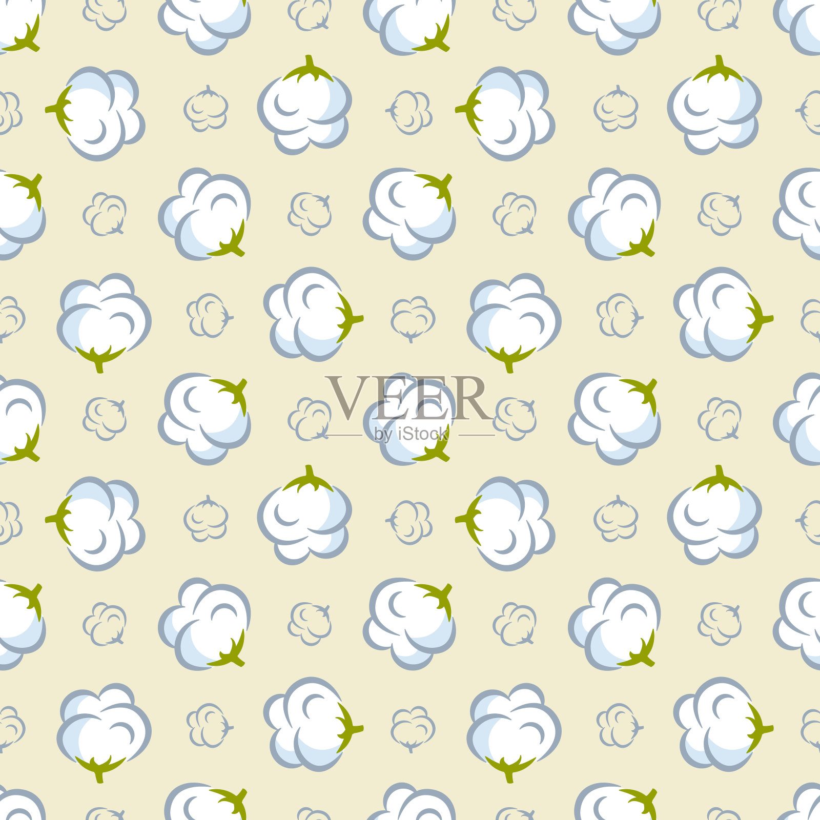 向量无缝模式与棉花植物在黄色背景。插画图片素材