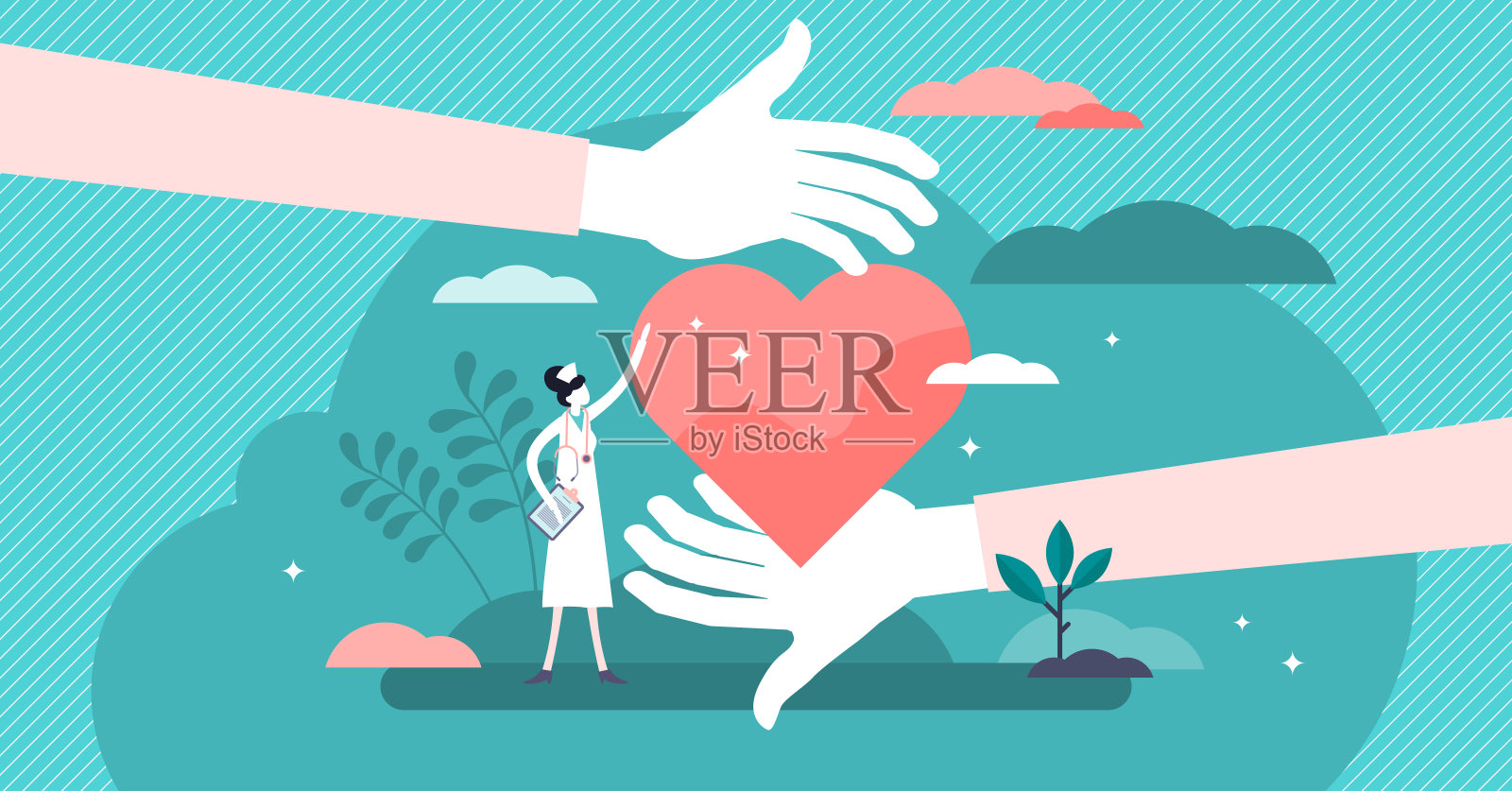 保健媒介说明。心脏科医生微型人的概念。插画图片素材