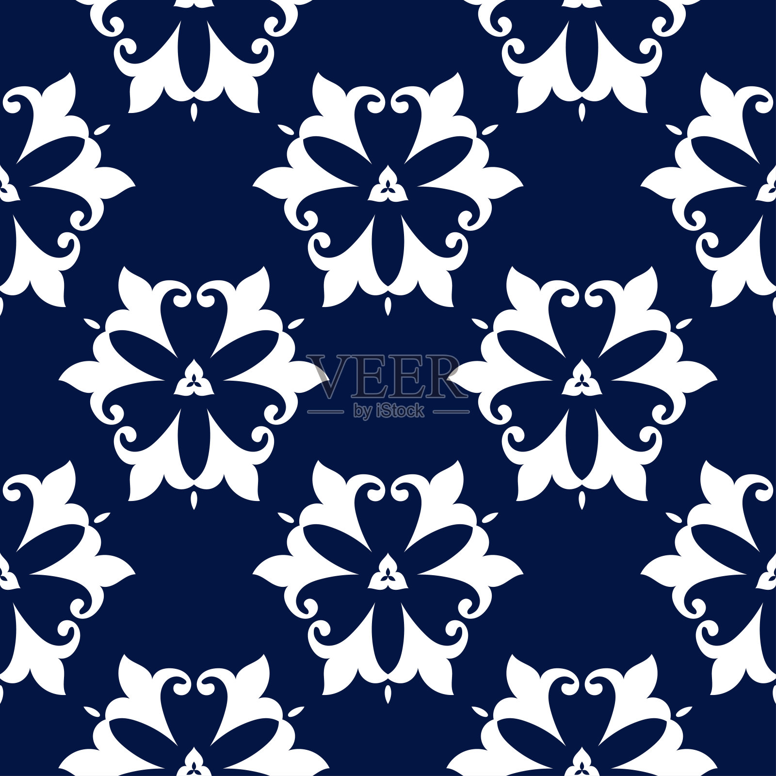 深蓝色的背景。白色花无缝图案插画图片素材