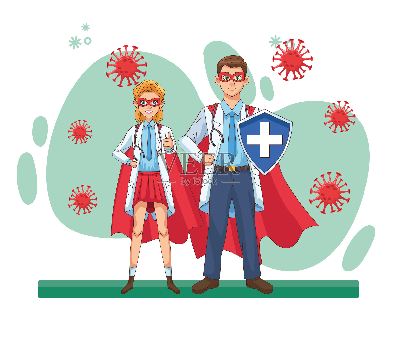 超级医生与英雄斗篷和盾牌对抗新冠肺炎插画图片素材