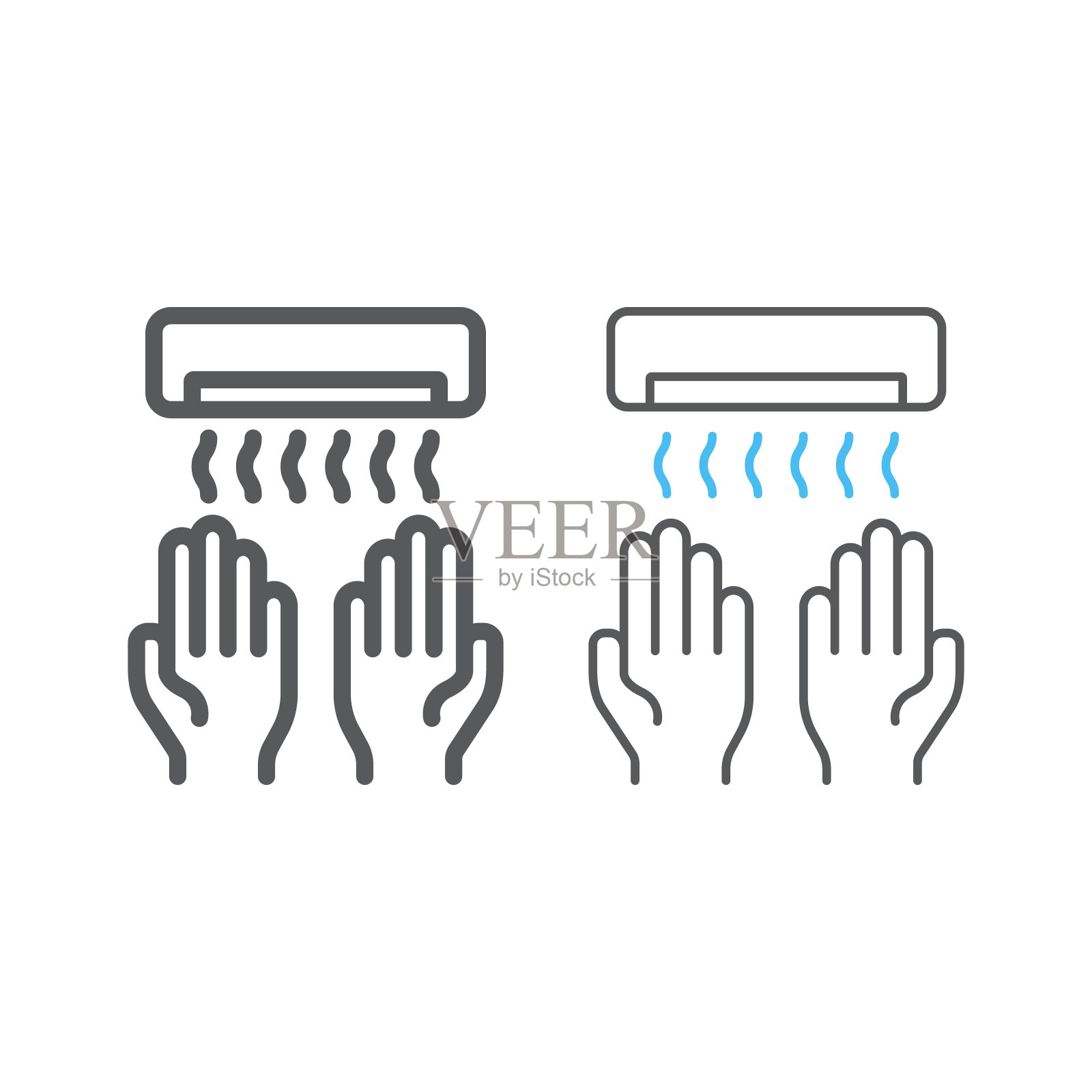 烘干机线条和色线图标，洗涤和卫生，温暖标志，矢量图形，白色背景上的线性图案，eps 10。插画图片素材