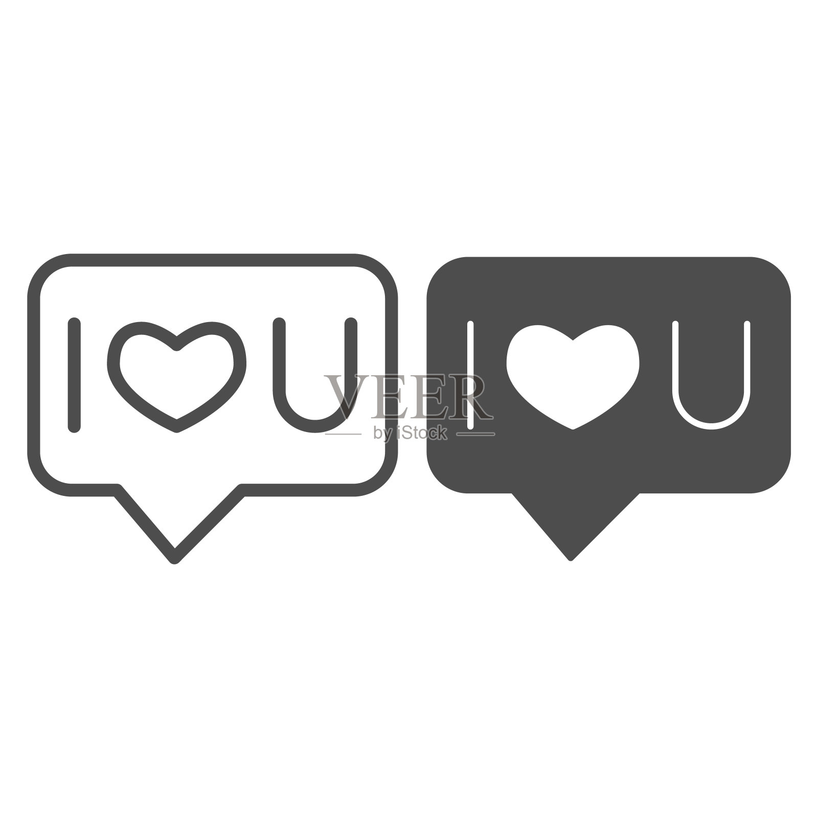 爱的对话线和固体图标。言语泡泡以恋人和恋人的文字符号，勾勒风格象形文字在白色背景上。情人节标志的移动概念和网页设计。矢量图形。插画图片素材