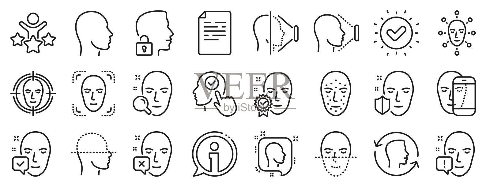 人脸识别线图标。一组人脸的生物特征检测与扫描。向量图标素材