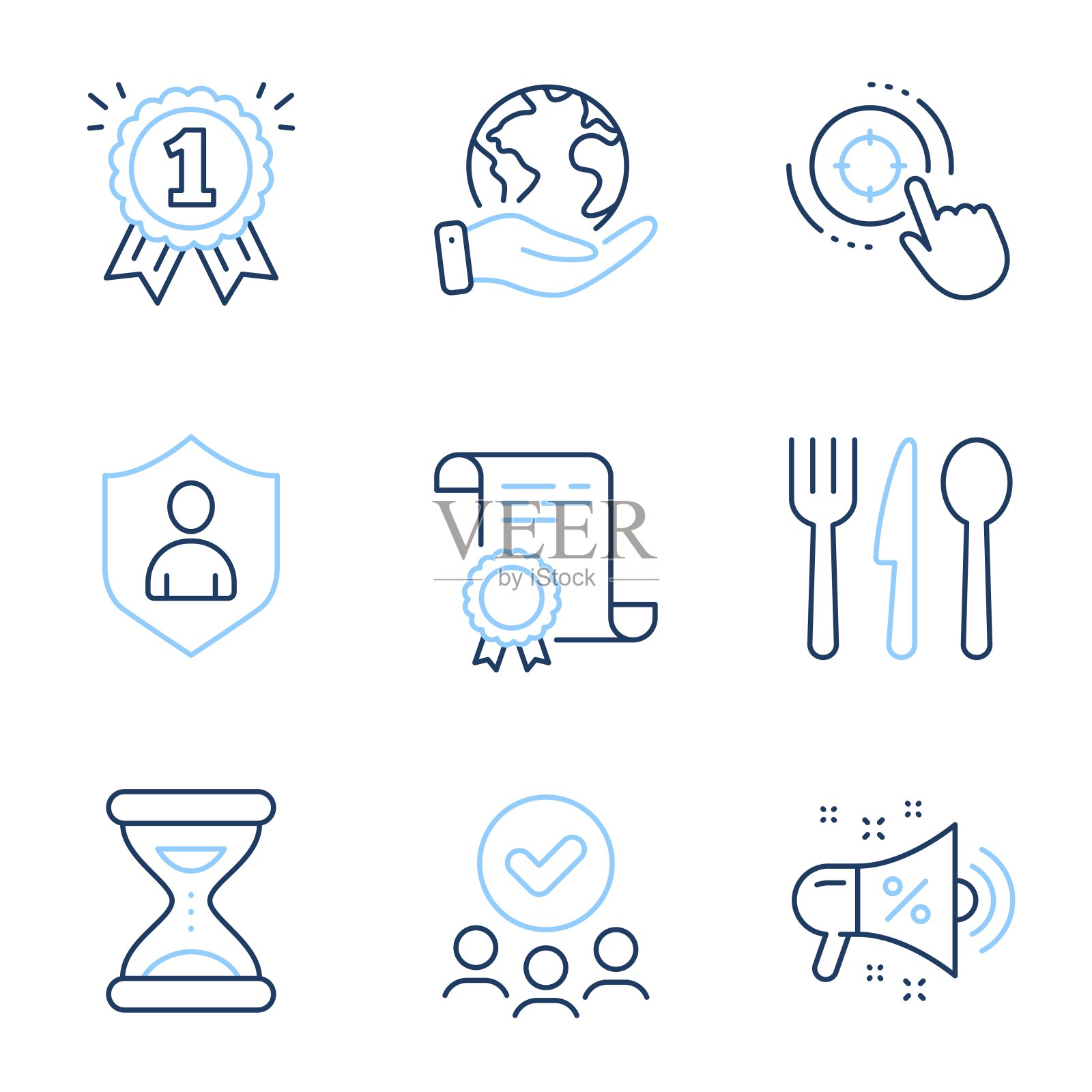 Seo目标，时间和食物图标设置。销售扩音器，奖励和安全标志。点击瞄准，时钟，餐具。向量图标素材