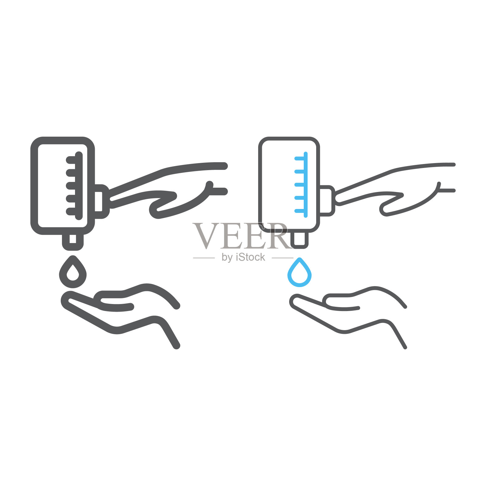 按下洗手液泵手按钮，肥皂液线和色线图标，洗手和卫生，洗手和肥皂标志，矢量图形，白色背景上的线性图案，eps 10。插画图片素材