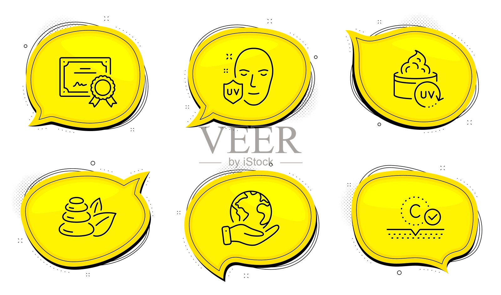 胶原蛋白皮肤，温泉石头和紫外线保护图标集。防紫外线的迹象。皮肤护理，沐浴，紫外线。向量图标素材