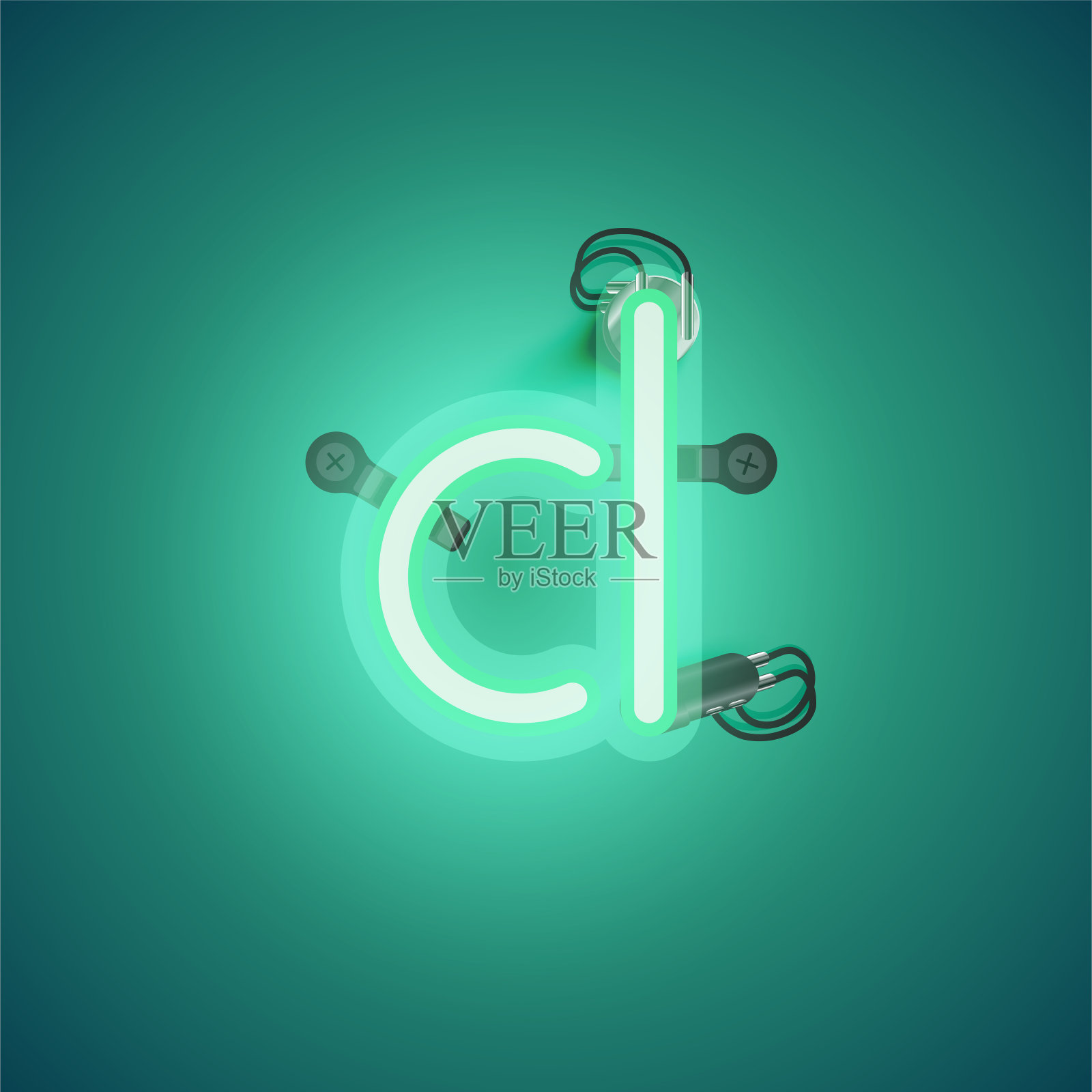 绿色现实霓虹字符与电线和控制台从字体，矢量插图插画图片素材