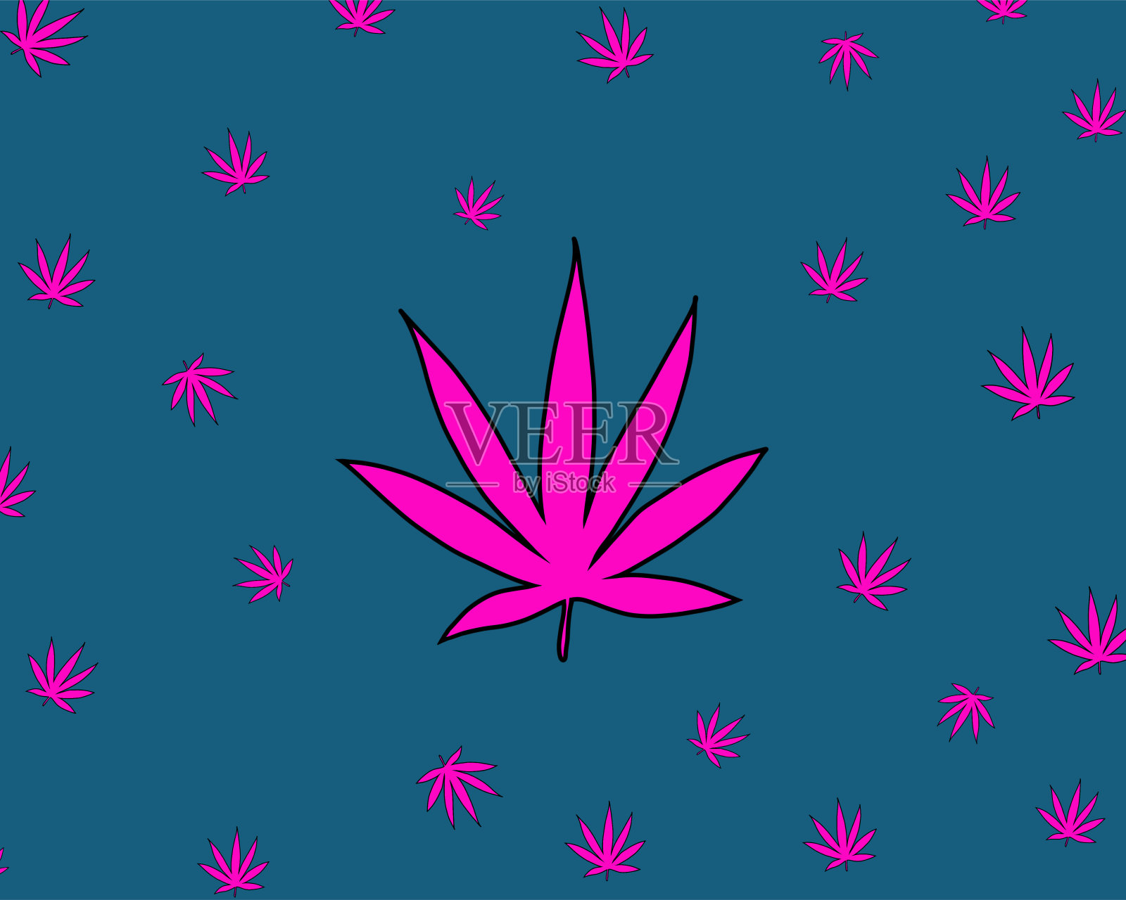 大麻的叶子在不同的变种霓虹灯颜色的特写插画图片素材