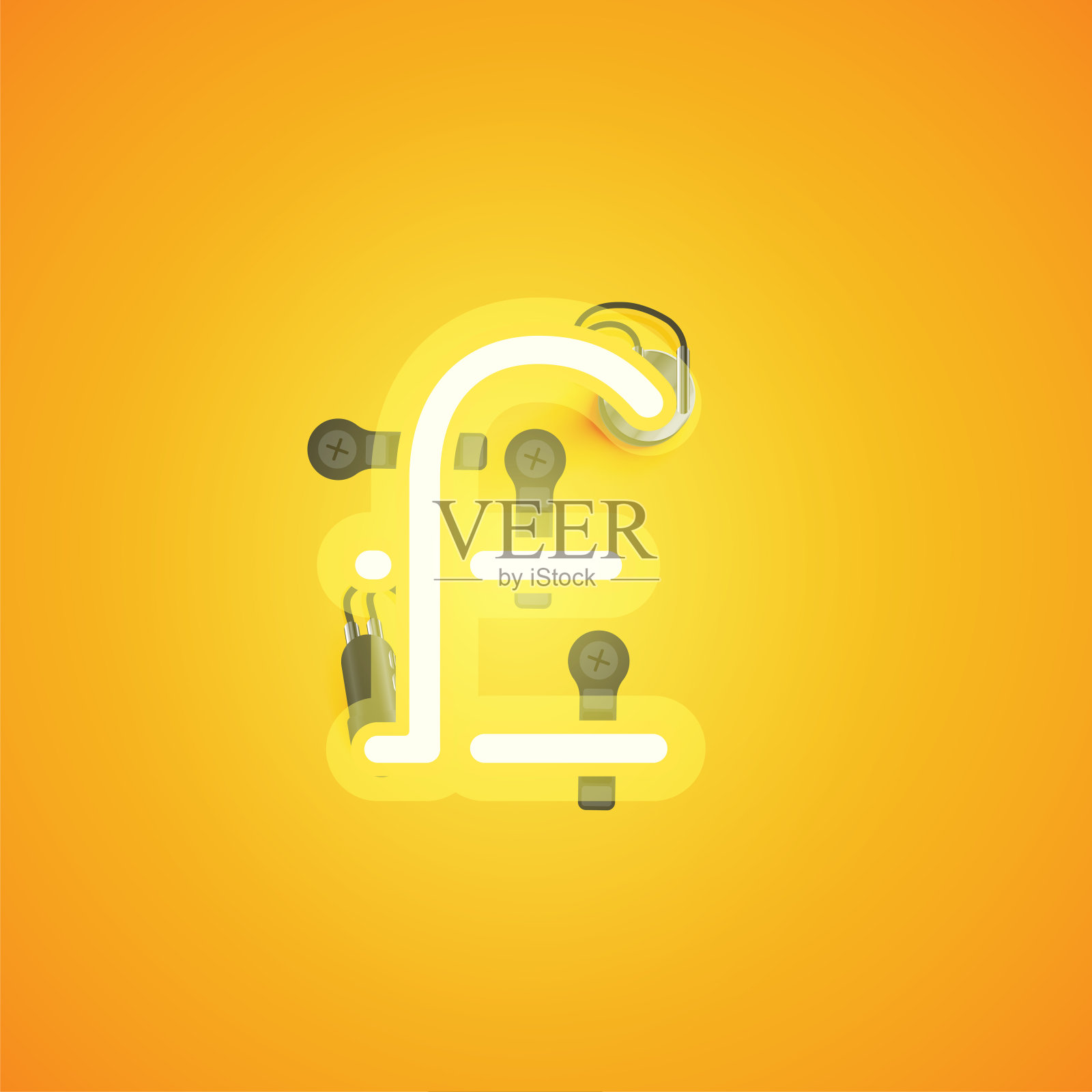 黄色现实霓虹灯角色与电线和控制台从字体，矢量插图插画图片素材