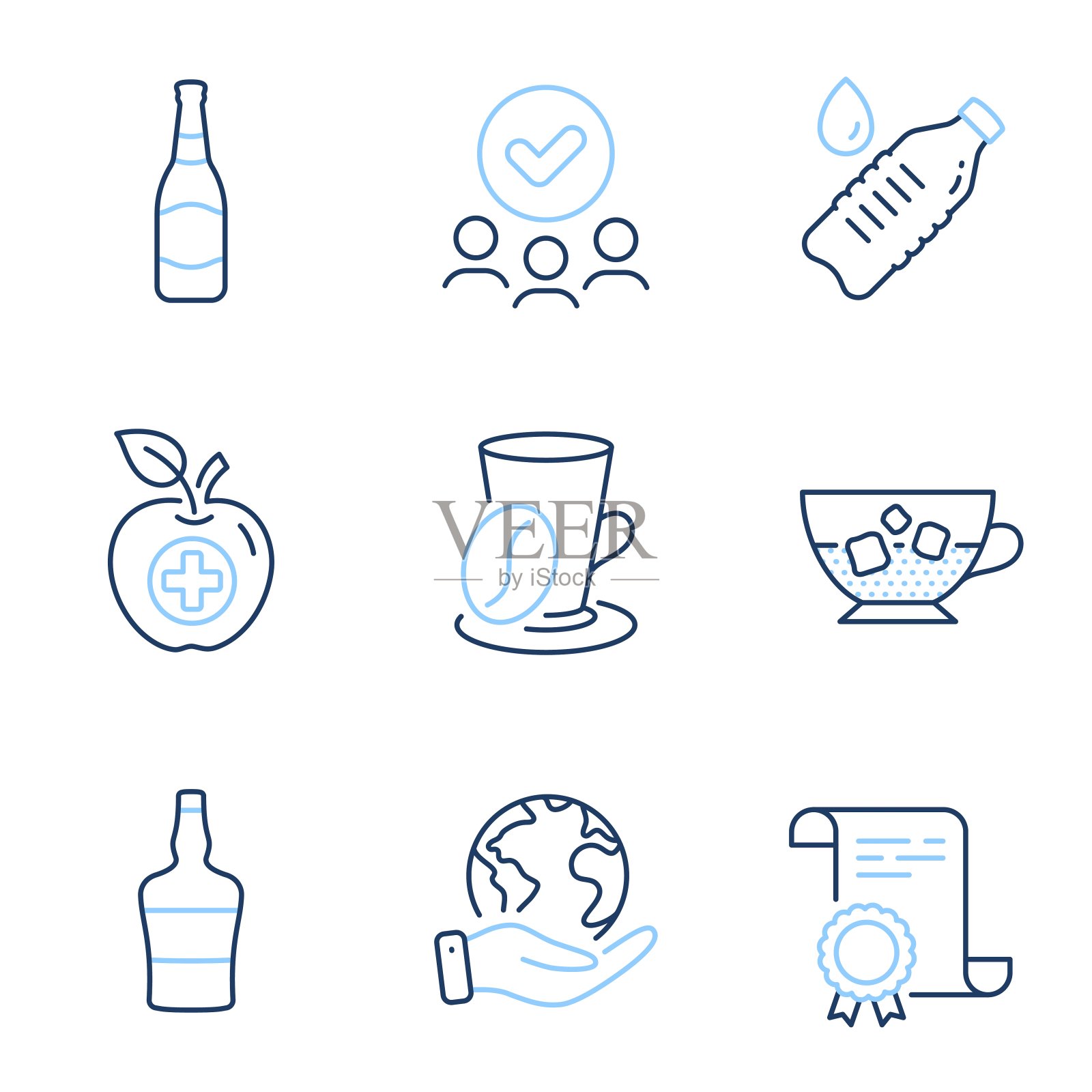 咖啡杯，苏格兰瓶和水瓶图标设置。冷咖啡，医疗食品标志向量图标素材