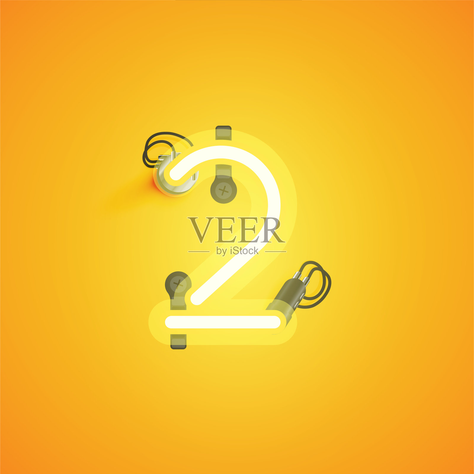 黄色现实霓虹灯角色与电线和控制台从字体，矢量插图插画图片素材