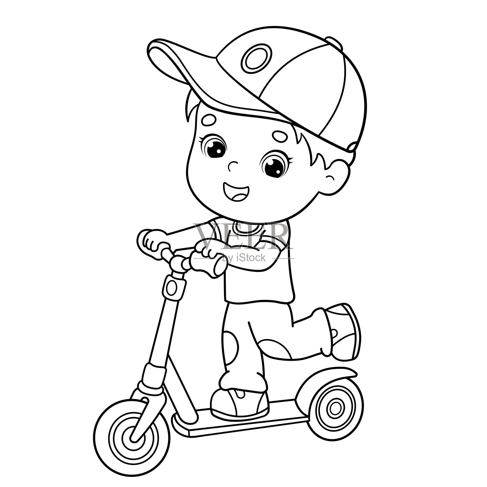 在踏板车上的卡通男孩的涂色页轮廓。儿童涂色书设计元素图片