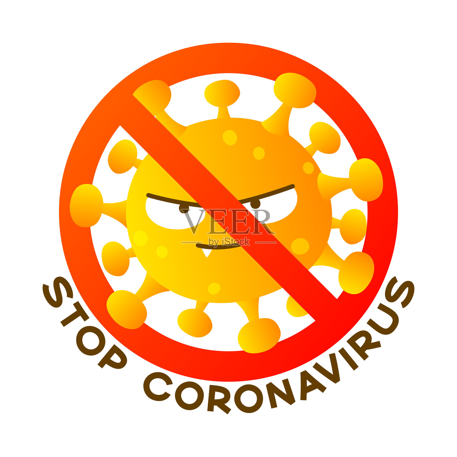 冠状病毒卡通邪恶人物与停止标志隔离在白色插画图片素材