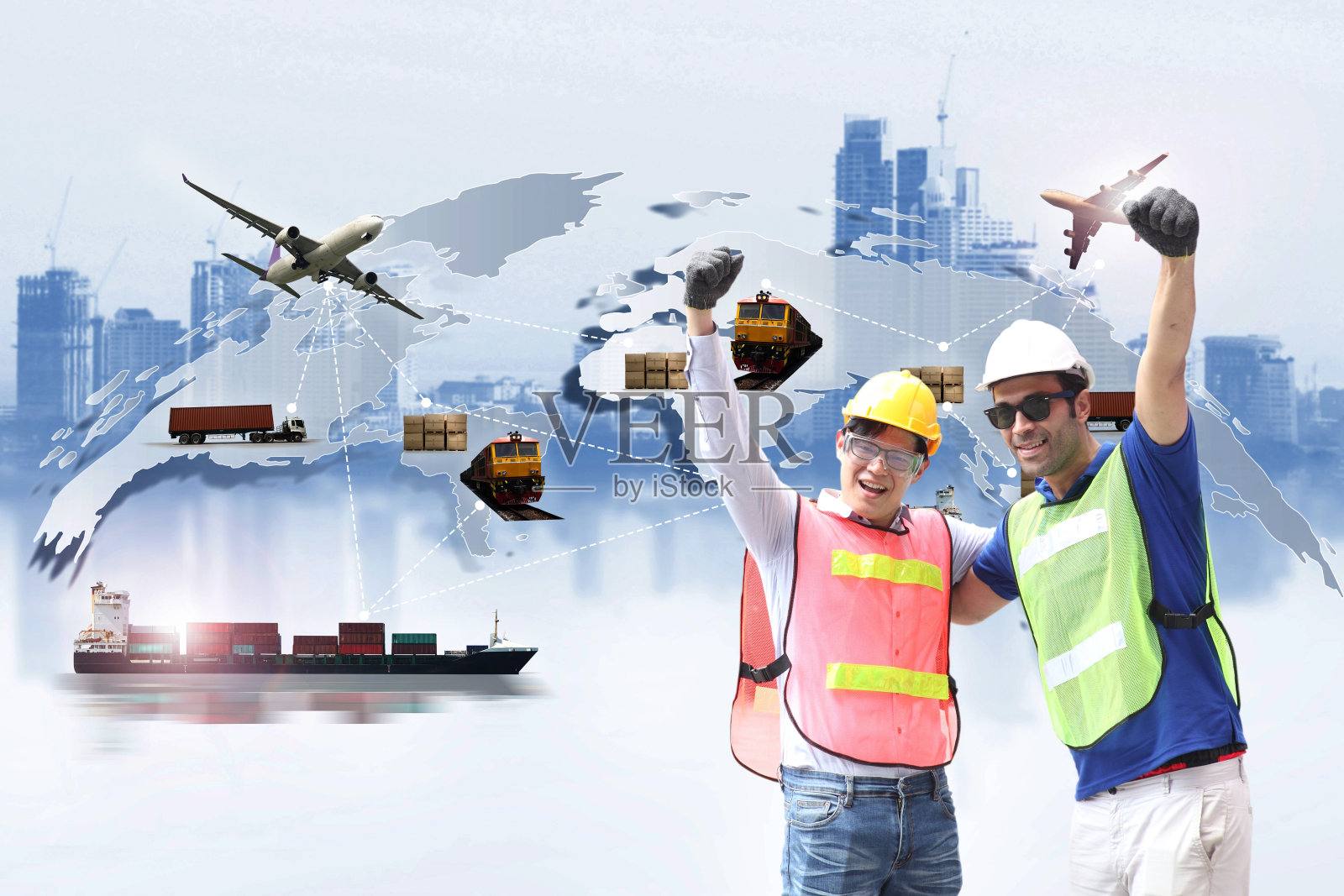 工头控制装载集装箱箱从货物和他们高兴完成工作和成功与航运集装箱离开前为出口业务物流公司照片摄影图片