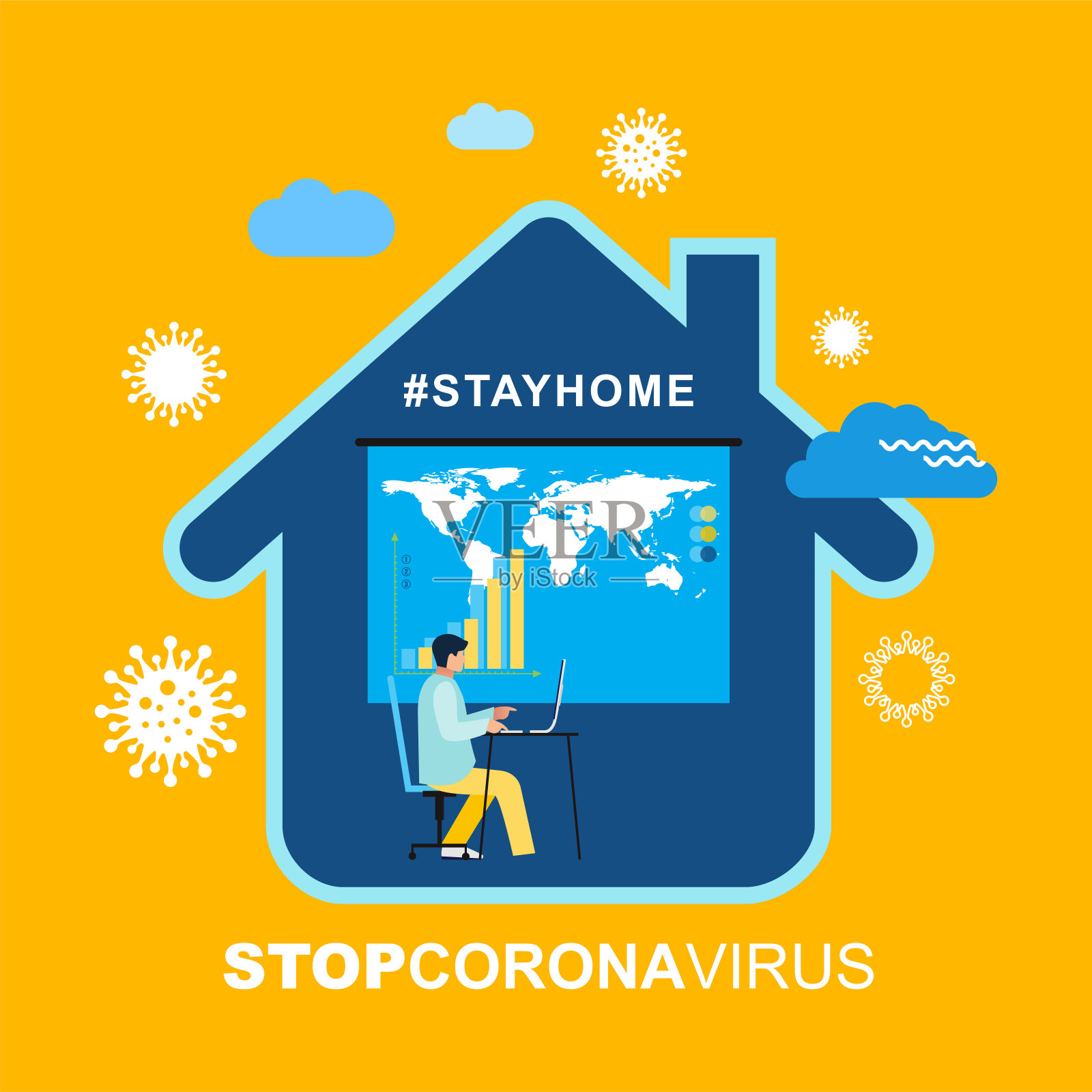 从大流行中自我隔离。在Covid-19概念期间在家工作。插画图片素材