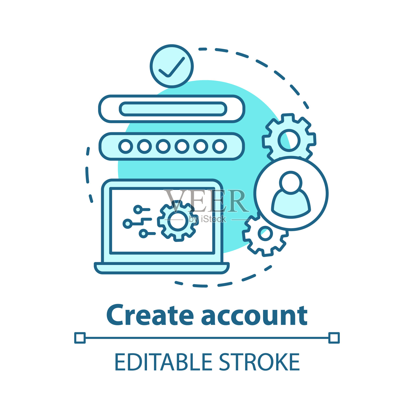 创建帐户蓝色概念图标。社交网络个人资料注册理念的细线说明。新用户网页的创建。网站订阅。矢量孤立轮廓绘制。可编辑的中风图标素材