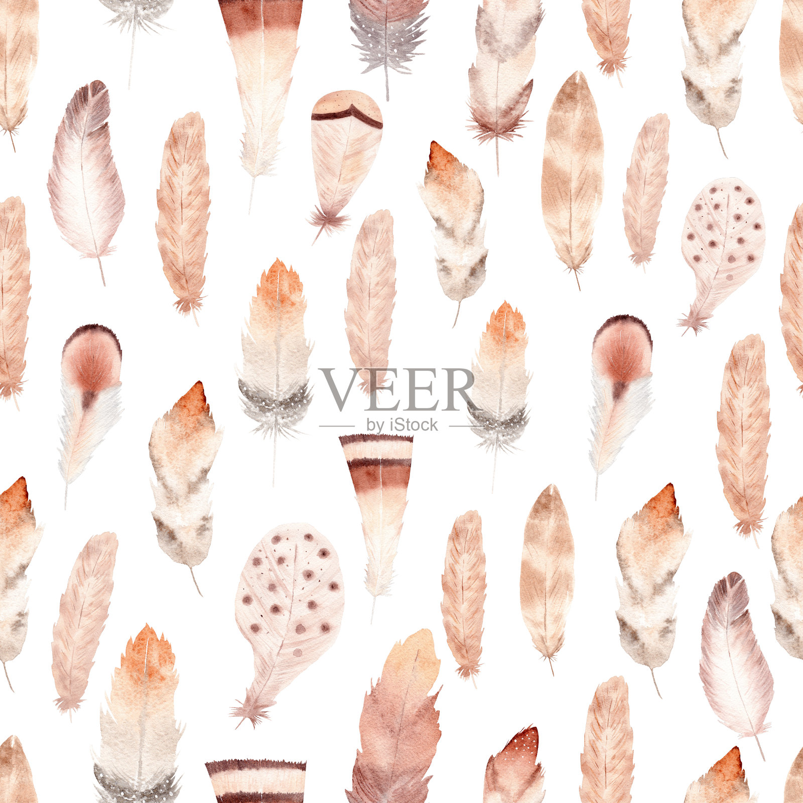手绘水彩羽毛无缝图案。放荡不羁的数字。设计元素图片
