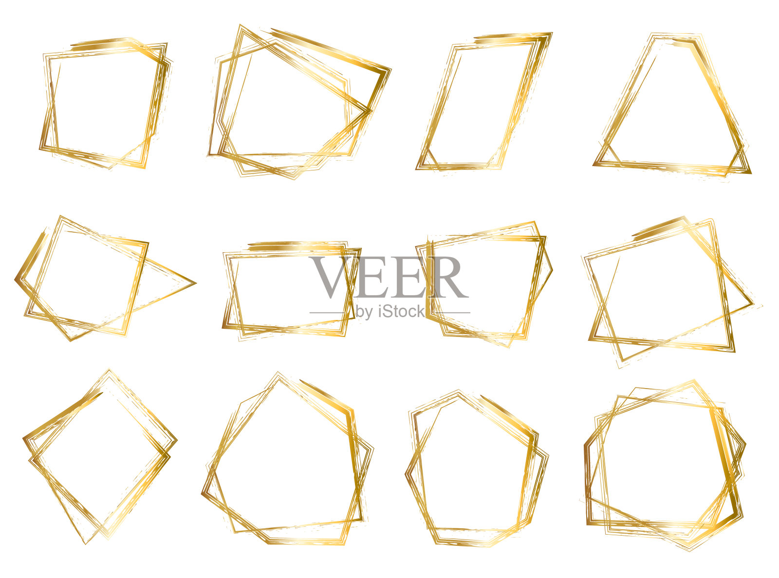 一套孤立的金笔刷几何画框插画图片素材