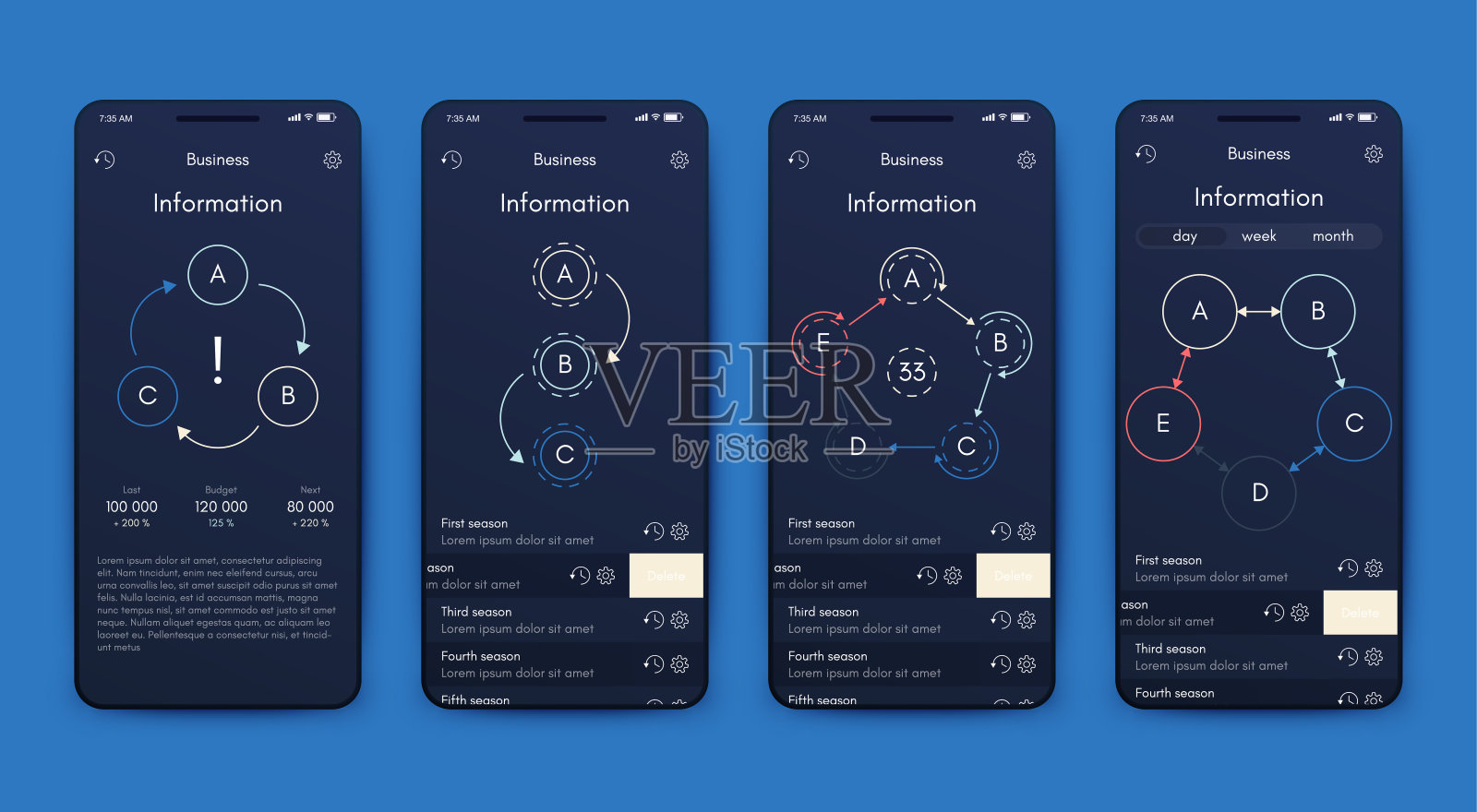 商业手册的现代信息图表向量元素。用于网站，公司宣传册，广告和市场营销。饼图，折线图，条形图和时间线。插画图片素材