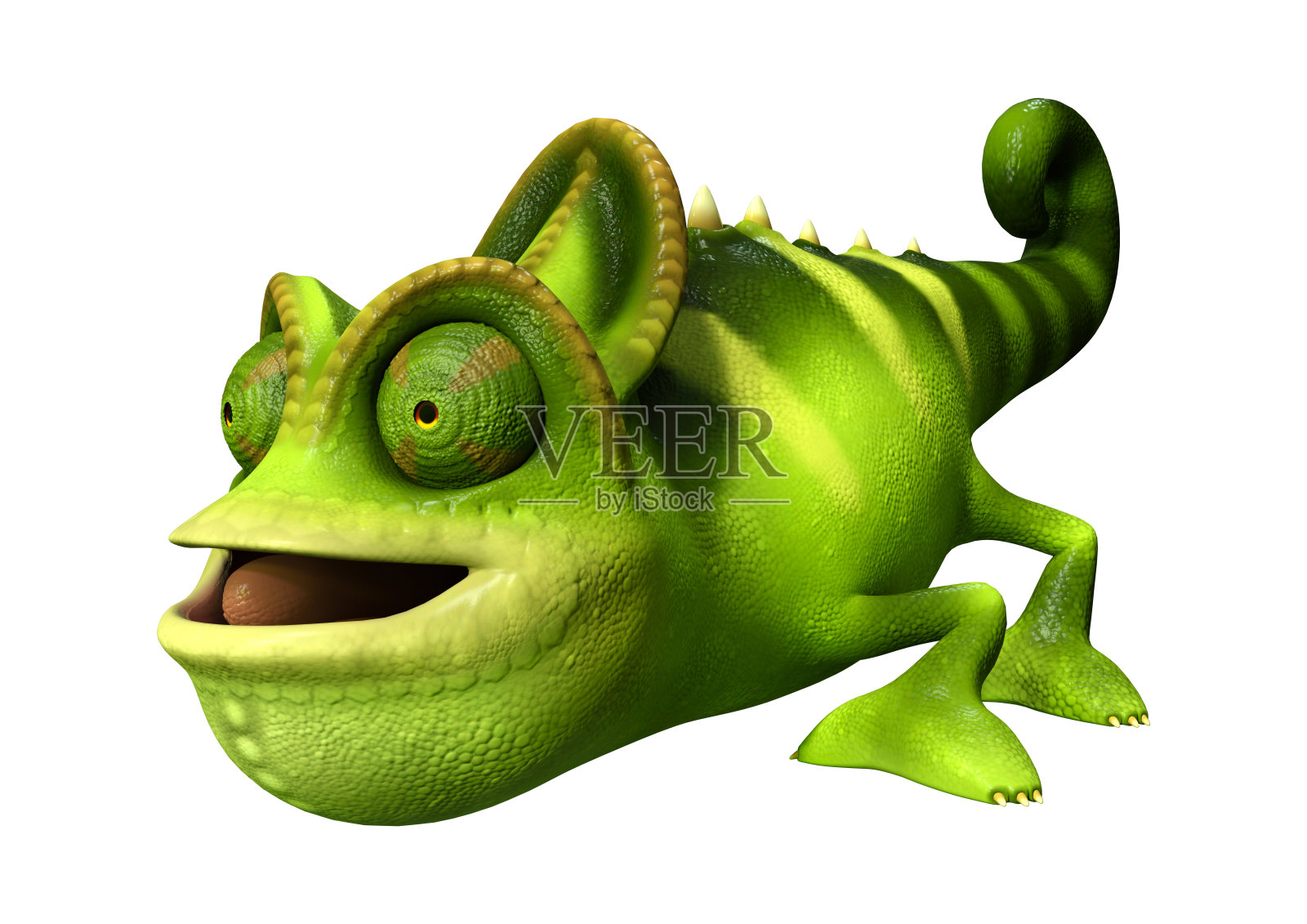 3D插图绿色卡通变色龙在白色照片摄影图片