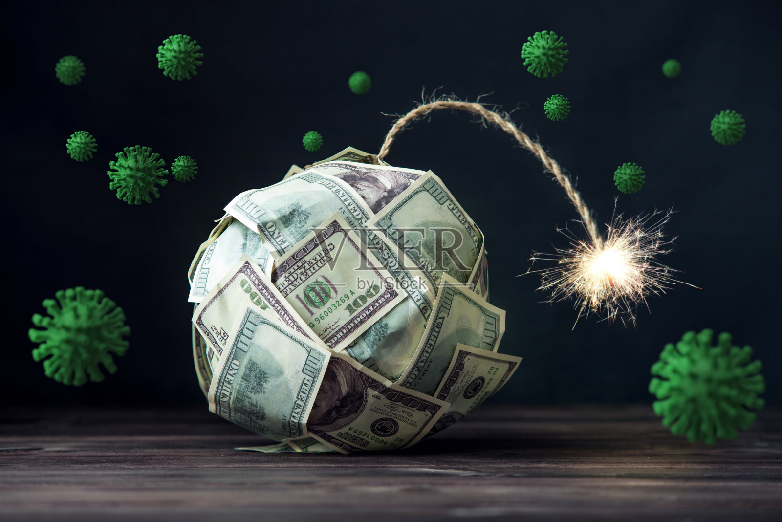由于COVID-19冠状病毒大流行，货币以美元炸弹的形式出现。2020年金融危机照片摄影图片