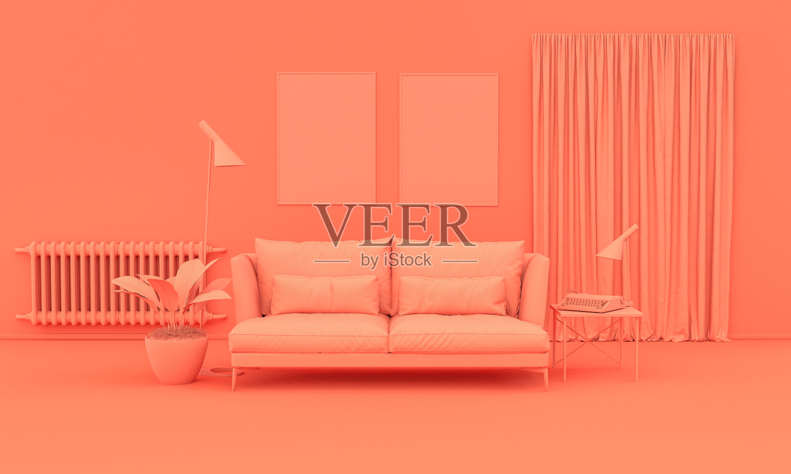 室内以纯单色的粉橙色搭配家具和房间配件。灯光背景与复制空间。三维渲染照片摄影图片