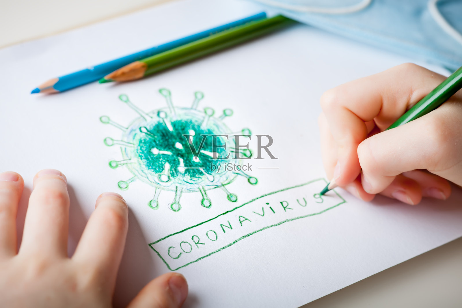 孩子画了一个冠状病毒。2019新型冠状病毒，2019- ncov。照片摄影图片