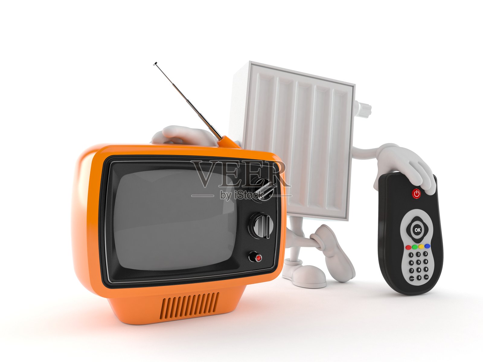 带有电视机和遥控器的散热器照片摄影图片