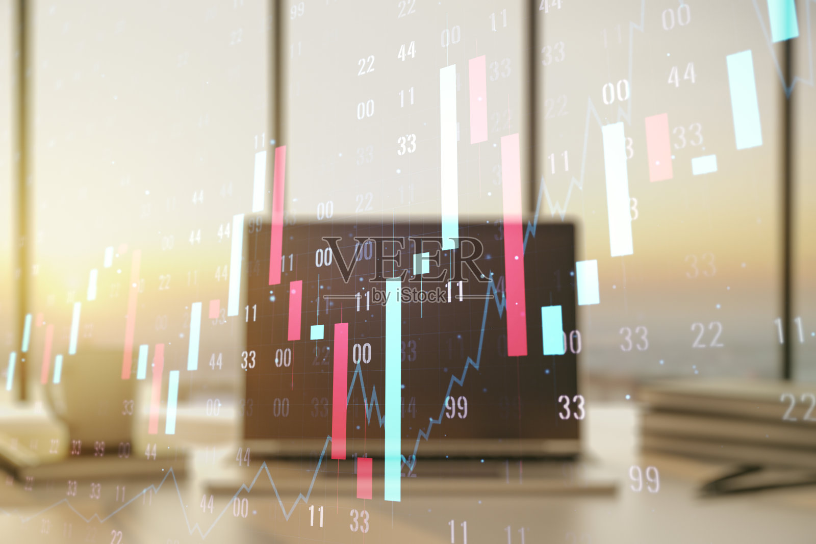 现代笔记本电脑背景，银行和会计概念的抽象创意财务图表的双重曝光照片摄影图片