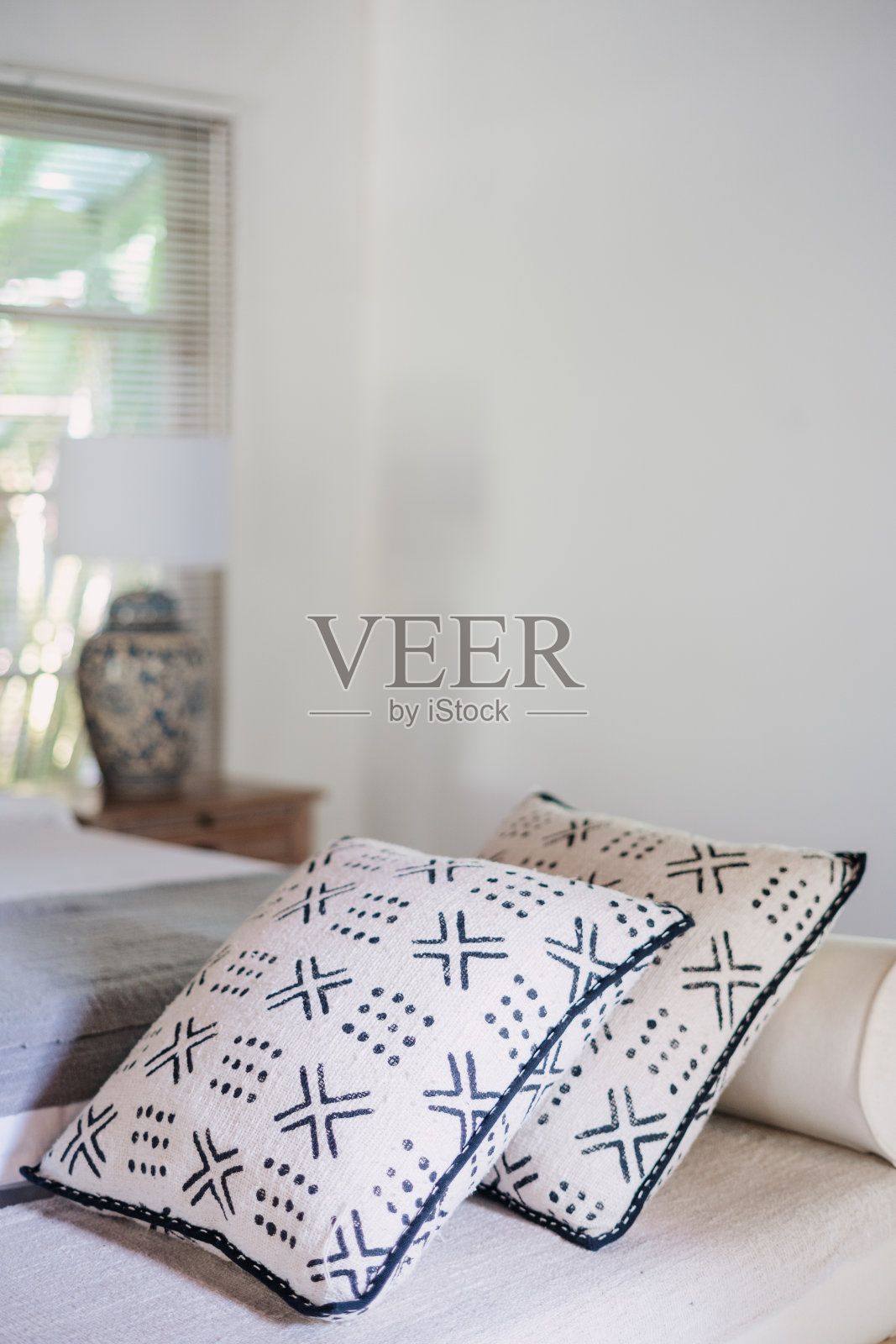 舒适的卧室里有白色的内饰，沙发上有枕头照片摄影图片