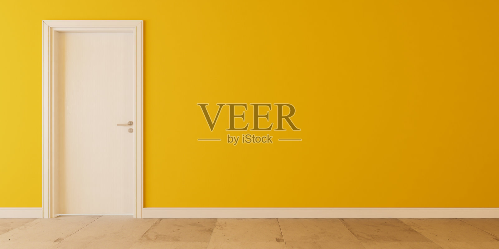 白色木门与黄色墙壁和白色石材地板3D渲染照片摄影图片